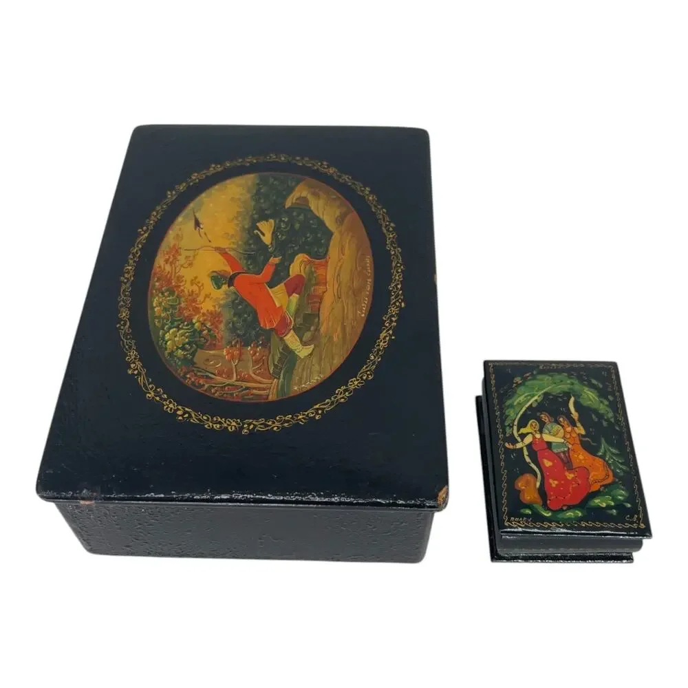 Vintage Russian Lacquer Box Set Large & Small Hand Painted USSR Palekh Style
